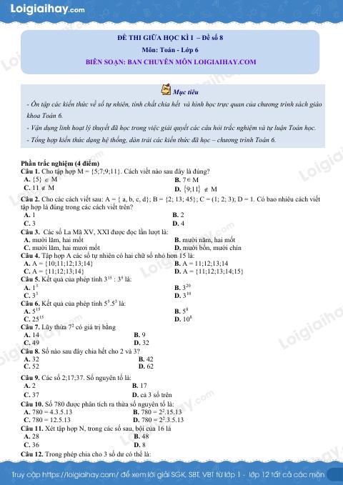 Đề thi giữa kì 1 Toán 6 - Đề số 8